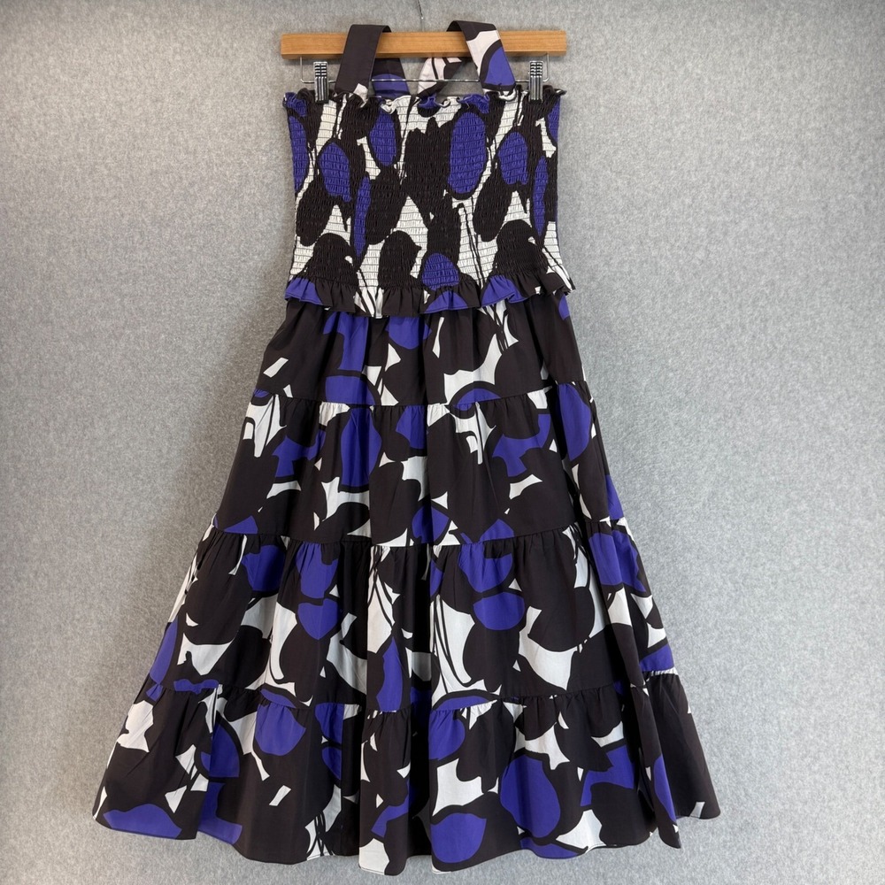 Tyler Boe Smocked Dress Tiered Ruffle Sleeveless Blue Black Floral Casual Medium